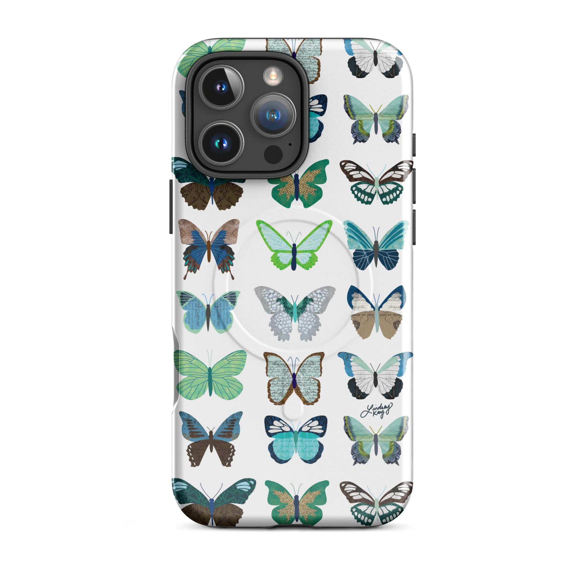 Cute and durable Magsafe iPhone case with a hand-drawn cute green and blue butterflies pattern in red, perfect for summer with a fun, girly, and trendy retro vibe.